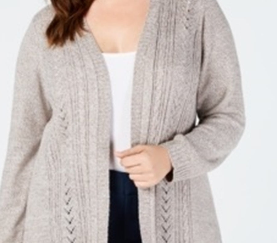 Karen Scott Cardigan Pointelle Aberto Frente Feminino Marrom Tamanho 2X