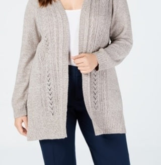 Karen Scott Cardigan Pointelle Aberto Frente Feminino Marrom Tamanho 2X