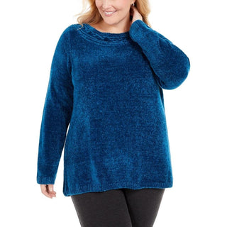 Karen Scott Suéter Feminino Plus Size Gola Canoa Chenille Azul Tamanho 2X