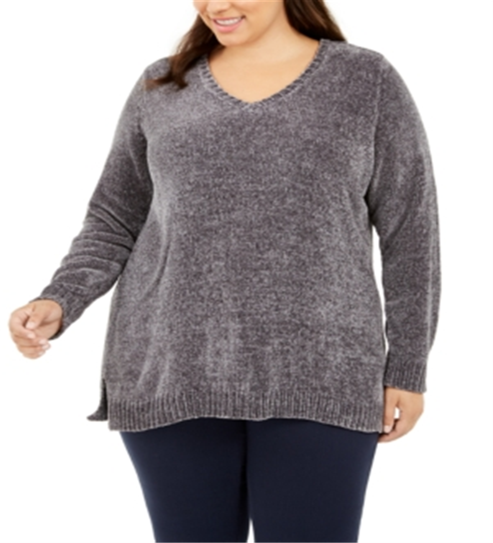 Karen Scott Suéter Feminino Plus Chenille Gola V Cinza Tamanho 3X