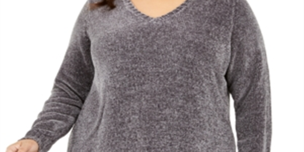 Karen Scott Suéter Feminino Plus Chenille Gola V Cinza Tamanho 3X