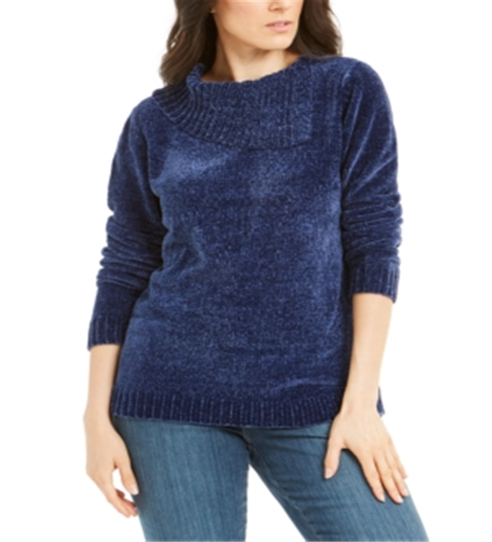Karen Scott Suéter Feminino Gola Envelope Chenille Azul Tamanho Pequeno G