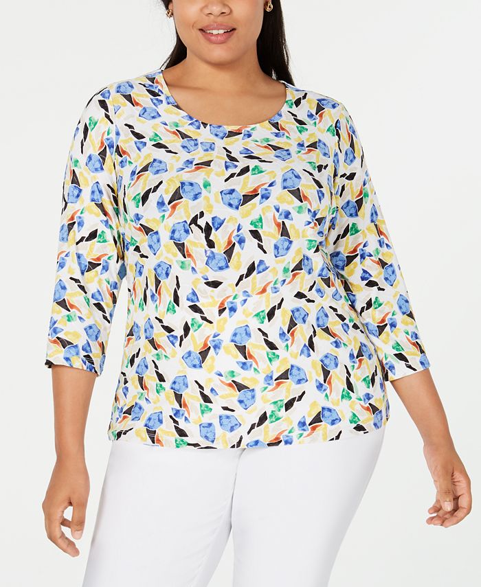 Blusa feminina estampada em jacquard, tamanho 3X, amarela, da coleção JM