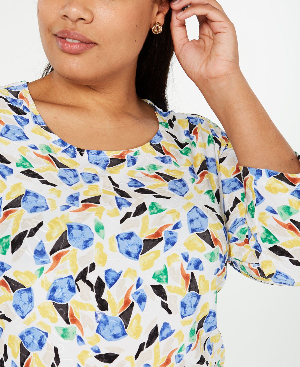 Blusa feminina estampada em jacquard, tamanho 3X, amarela, da coleção JM