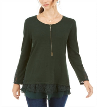 Blusa feminina de manga comprida com acabamento em renda, estilo &amp; co, verde, tamanho pequeno