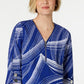 JM Collection Blusa feminina estampada com zíper frontal e textura amassada, tamanho grande, azul