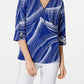 JM Collection Blusa feminina estampada com zíper frontal e textura amassada, tamanho grande, azul