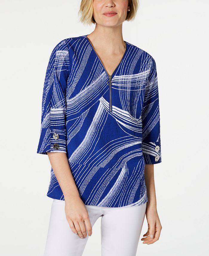 JM Collection Top feminino com estampa frontal e zíper e textura amassada, azul, tamanho XX-G