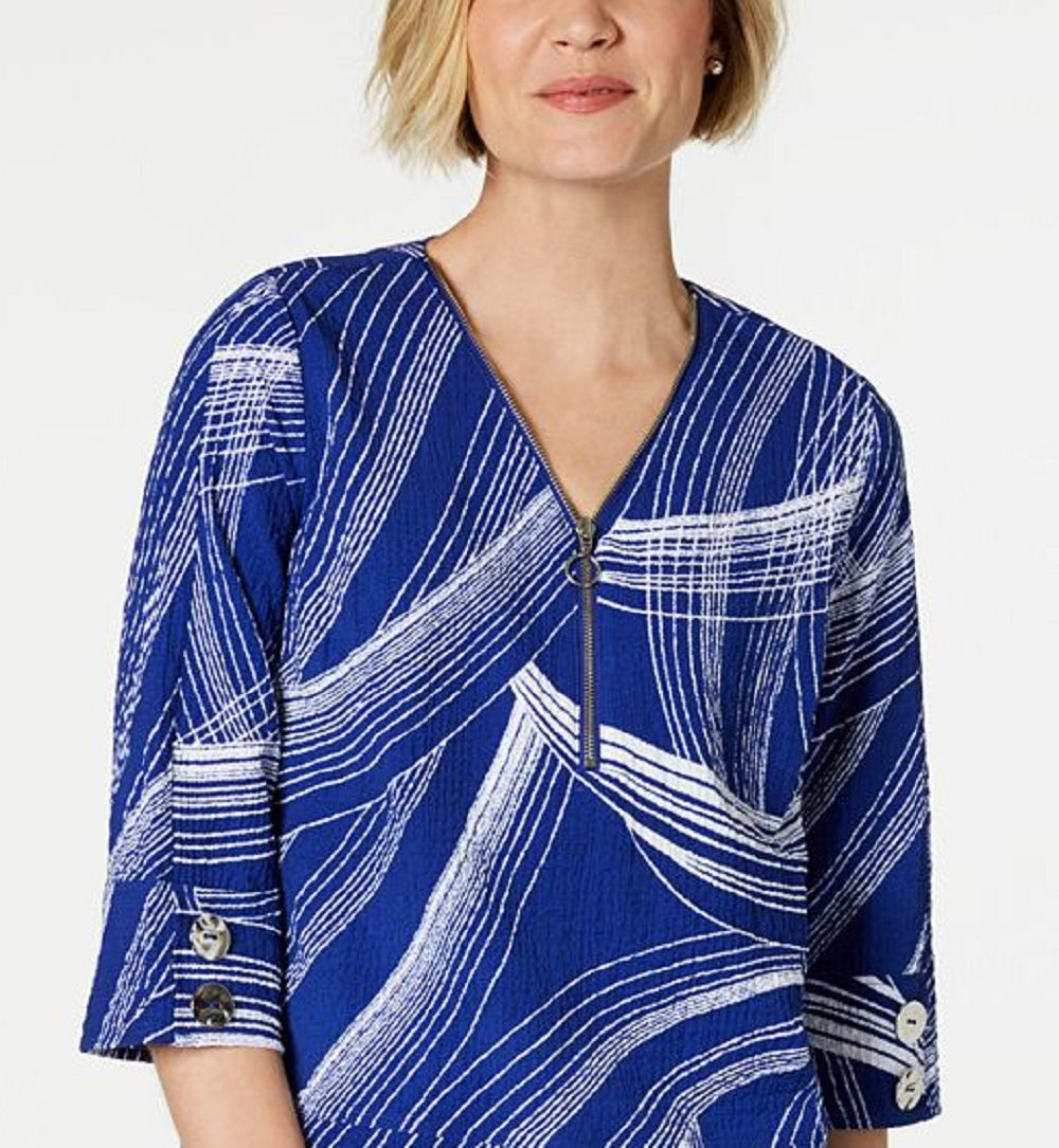 JM Collection Top feminino com estampa frontal e zíper e textura amassada, azul, tamanho XX-G