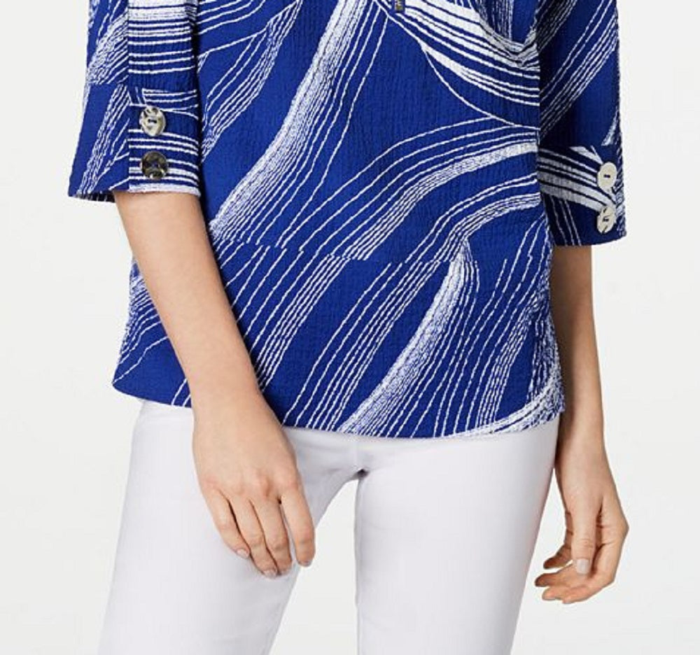 JM Collection Top feminino com estampa frontal e zíper e textura amassada, azul, tamanho XX-G