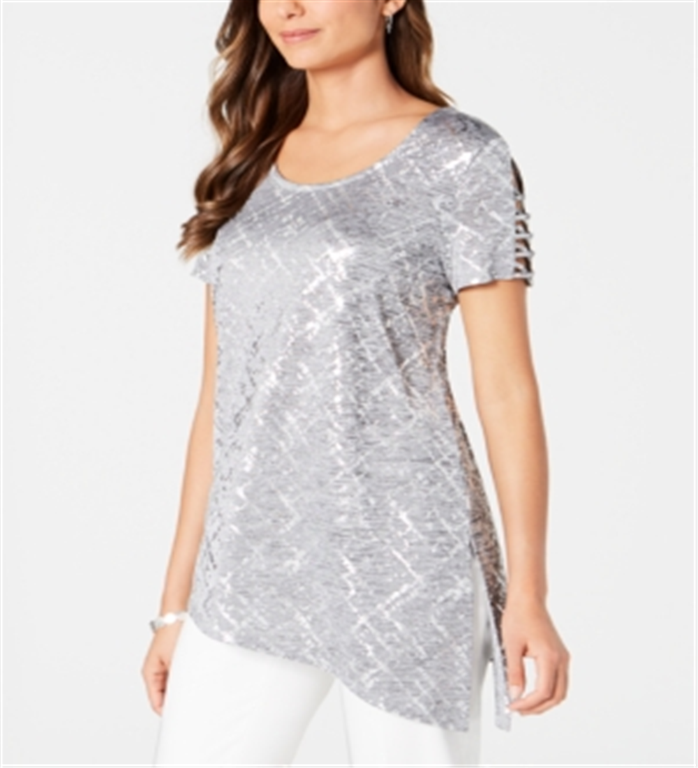 Túnica feminina com manga assimétrica e decote em V, tamanho médio, cinza, da coleção JM