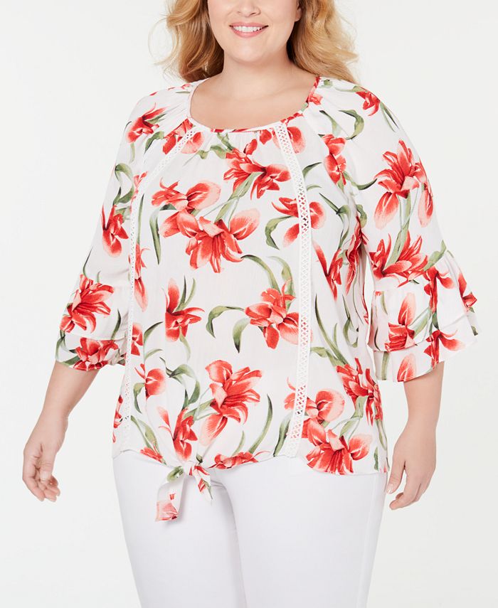 JM Collection Top feminino plus size com estampa floral e bainha amarrada, branco, tamanho 1X