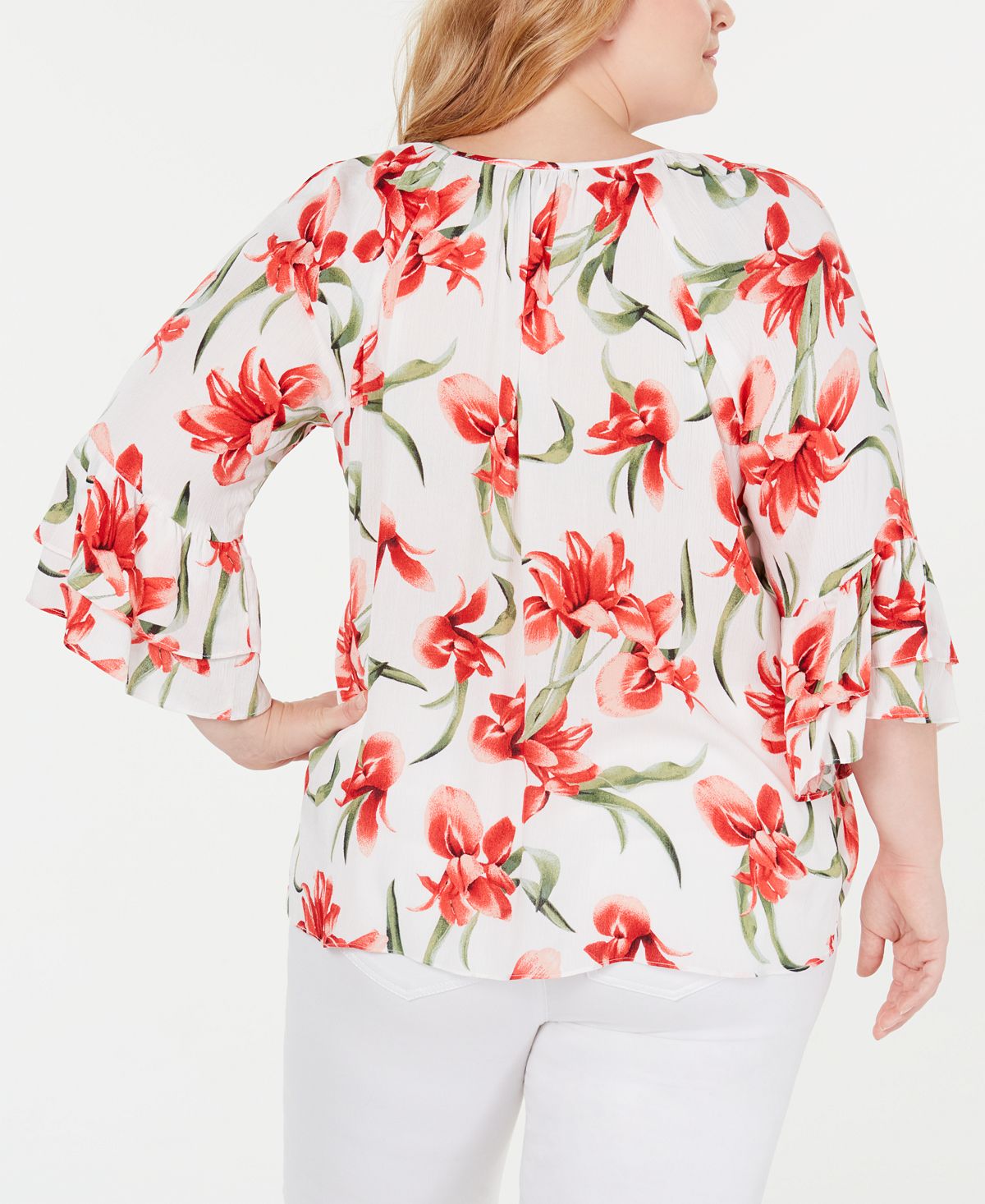 JM Collection Top feminino plus size com estampa floral e bainha amarrada, branco, tamanho 1X