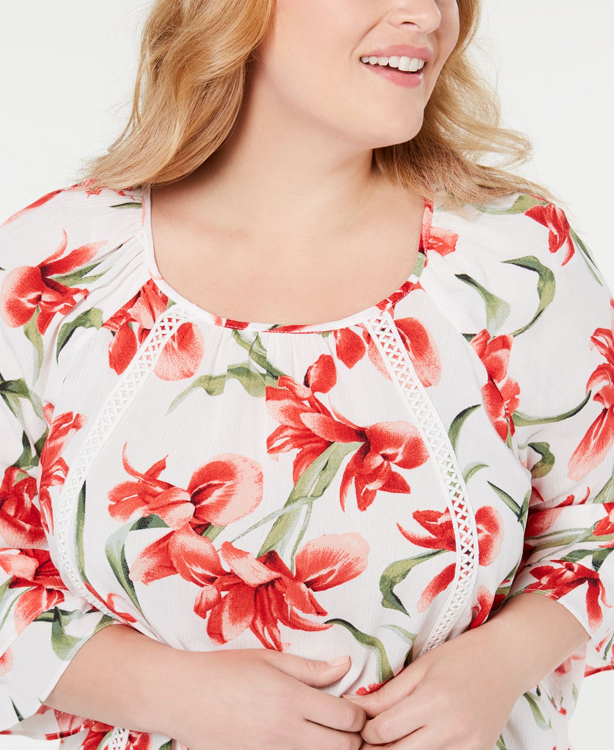 JM Collection Top feminino plus size com estampa floral e bainha amarrada, branco, tamanho 1X