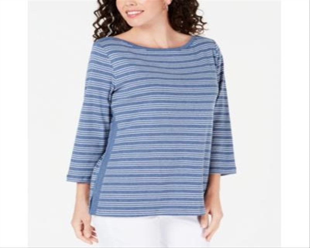 Blusa feminina Karen Scott de algodão listrada com bainha ventilada, azul, tamanho XX-G