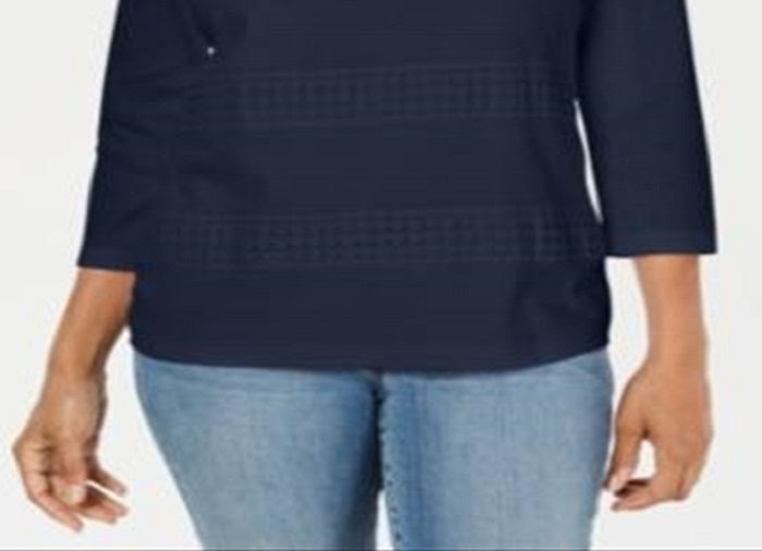 Blusa de noite feminina Karen Scott com manga 3/4, azul, tamanho pequeno