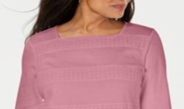 Karen Scott Blusa feminina com decote quadrado e listras de renda, rosa, tamanho X-S