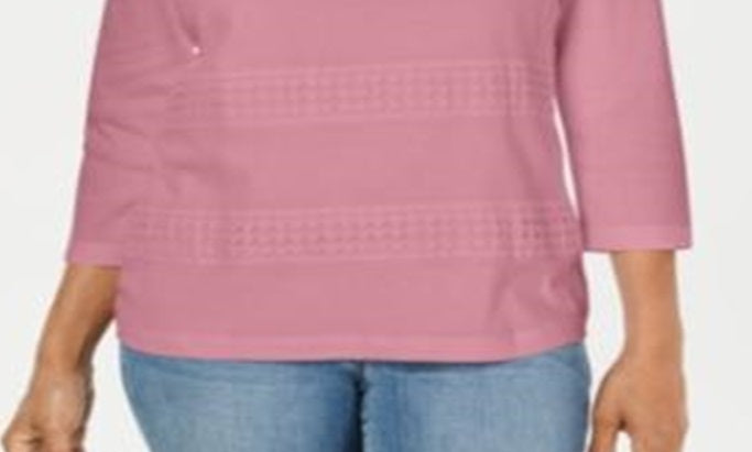 Karen Scott Blusa feminina com decote quadrado e listras de renda, rosa, tamanho X-S