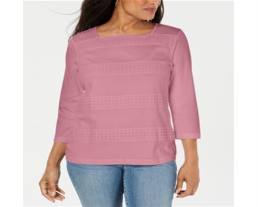 Karen Scott Blusa feminina com decote quadrado e listras de renda, rosa, tamanho X-S