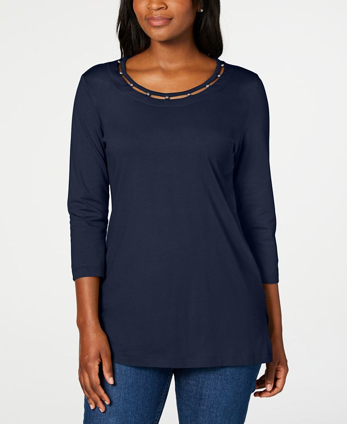 Blusa feminina Karen Scott com contas, azul, tamanho médio