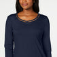 Blusa feminina Karen Scott com contas, azul, tamanho médio