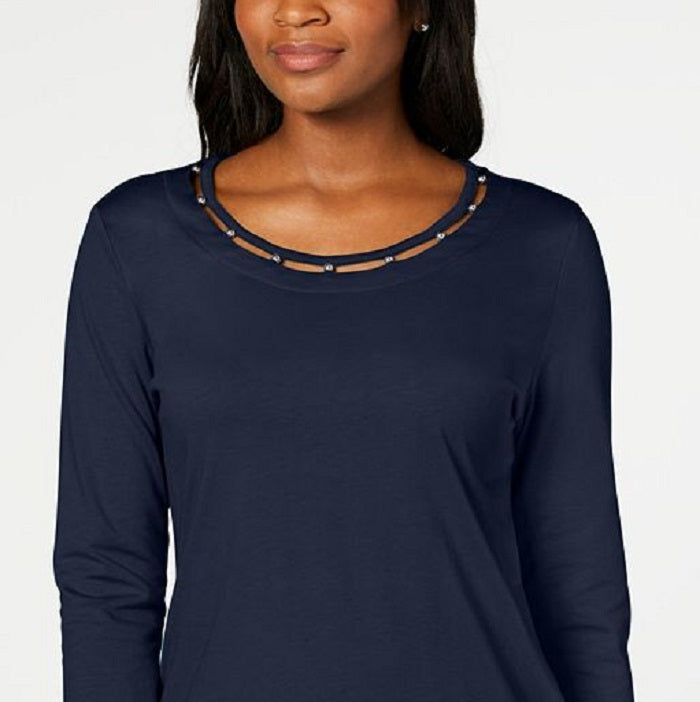 Blusa feminina Karen Scott com contas, azul, tamanho médio