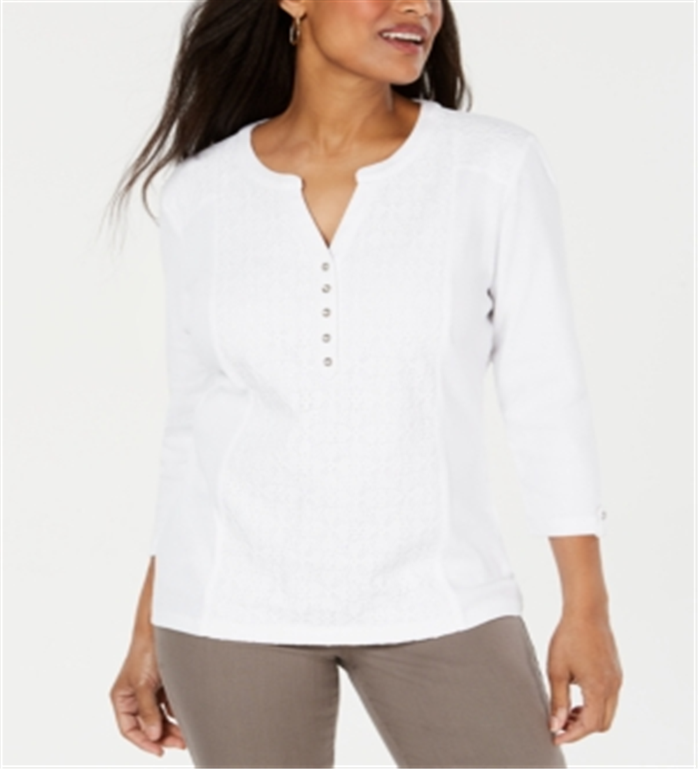 Karen Scott Top Henley Feminino com Renda Frontal Branco Tamanho Médio
