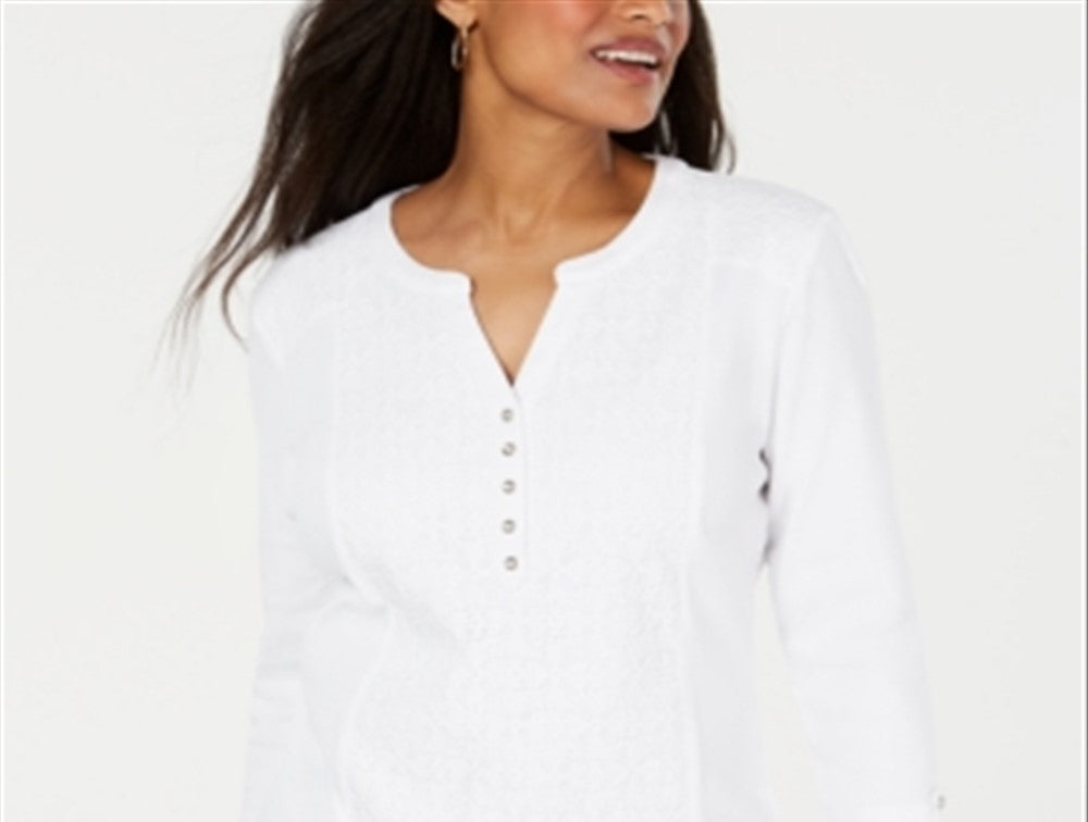 Karen Scott Top Henley Feminino com Renda Frontal Branco Tamanho Médio