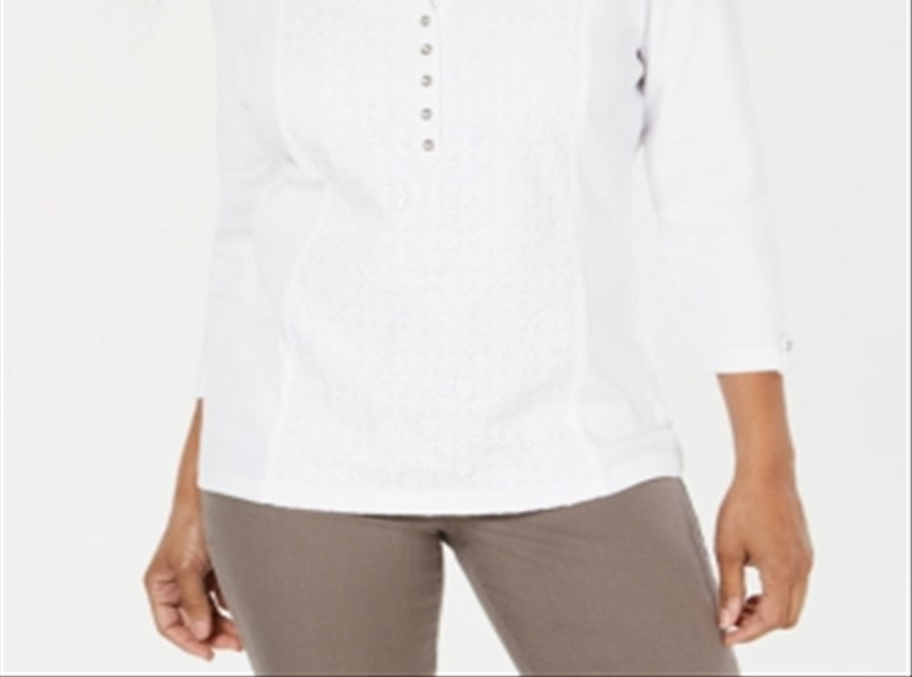 Karen Scott Top Henley Feminino com Renda Frontal Branco Tamanho Médio