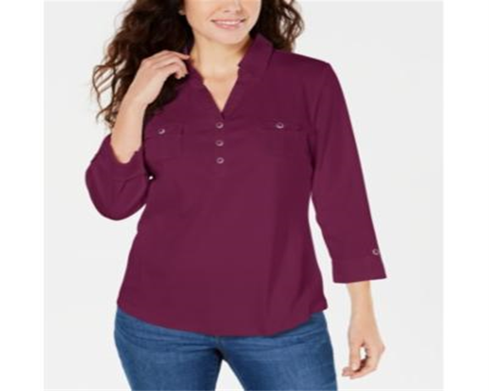 Camisa utilitária feminina Karen Scott de algodão com gola Johnny, roxa, tamanho médio