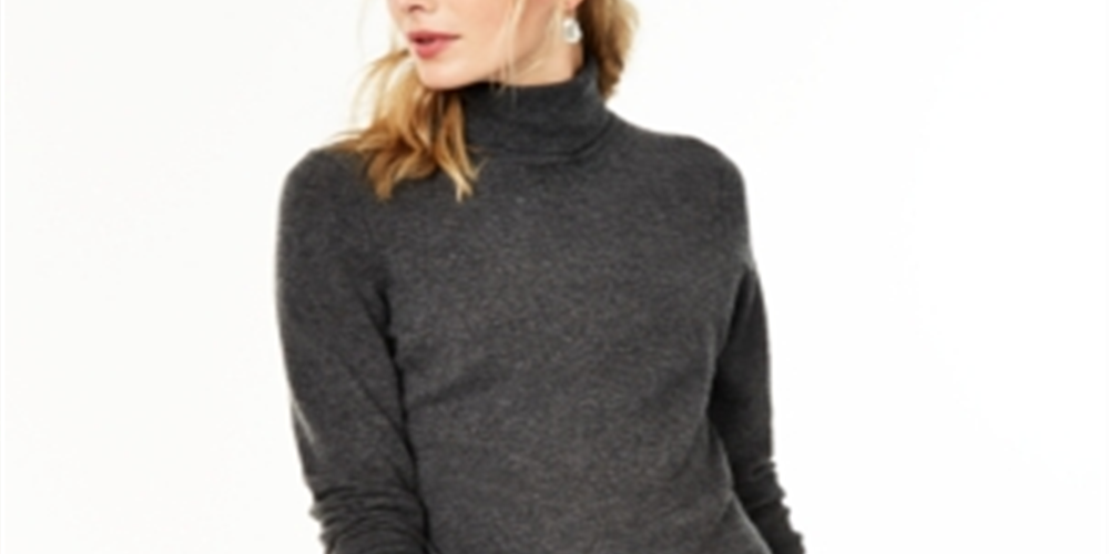 Suéter de cashmere feminino Charter Club, gola alta, cinza, tamanho médio