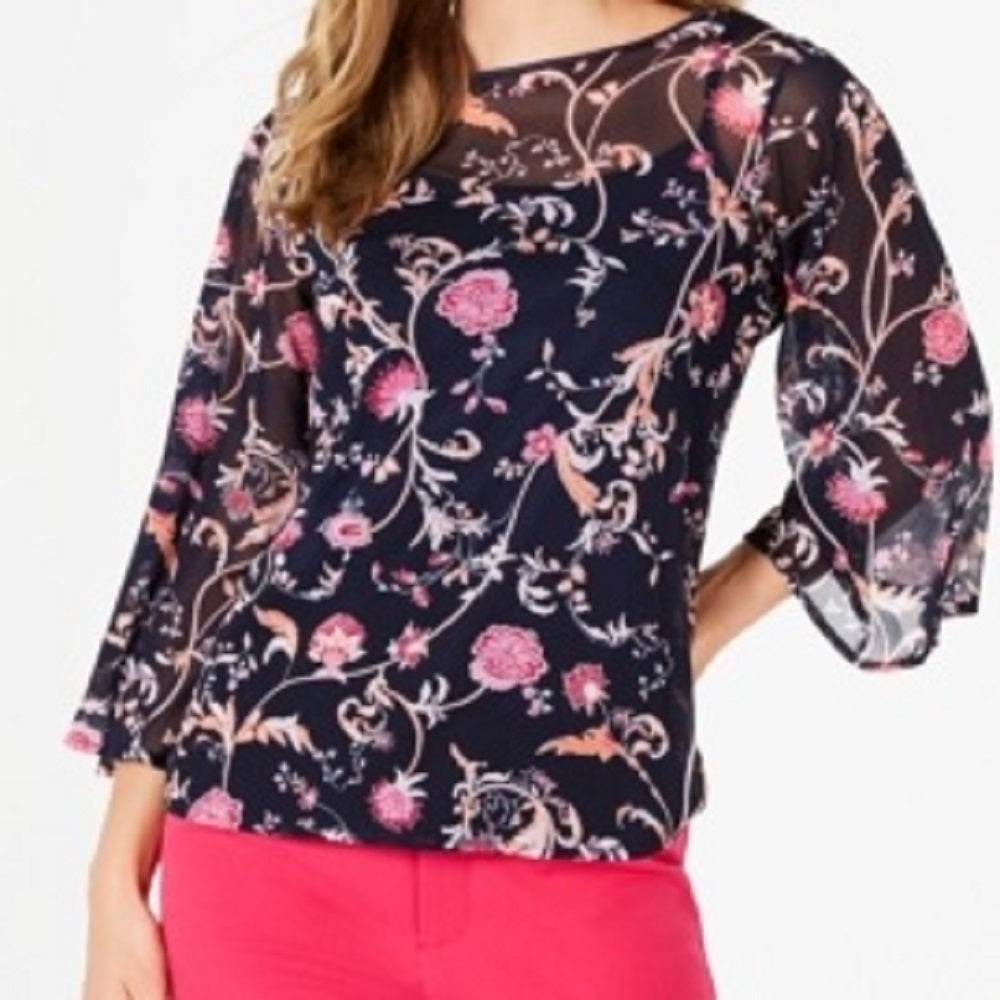 Charter Club Blusa feminina estampada com manga sino, azul, tamanho pequeno