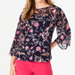 Charter Club Blusa feminina estampada com manga sino, azul, tamanho pequeno