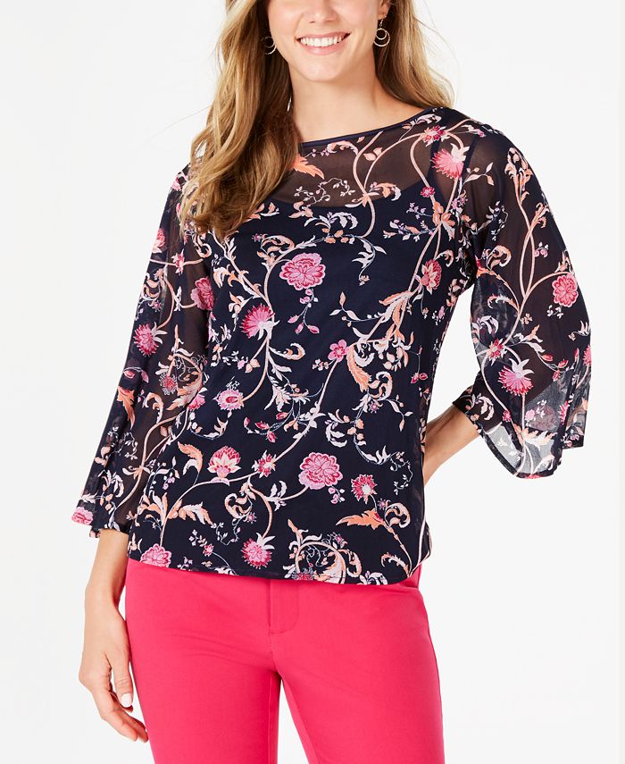 Charter Club Blusa feminina estampada com manga sino, azul, tamanho pequeno