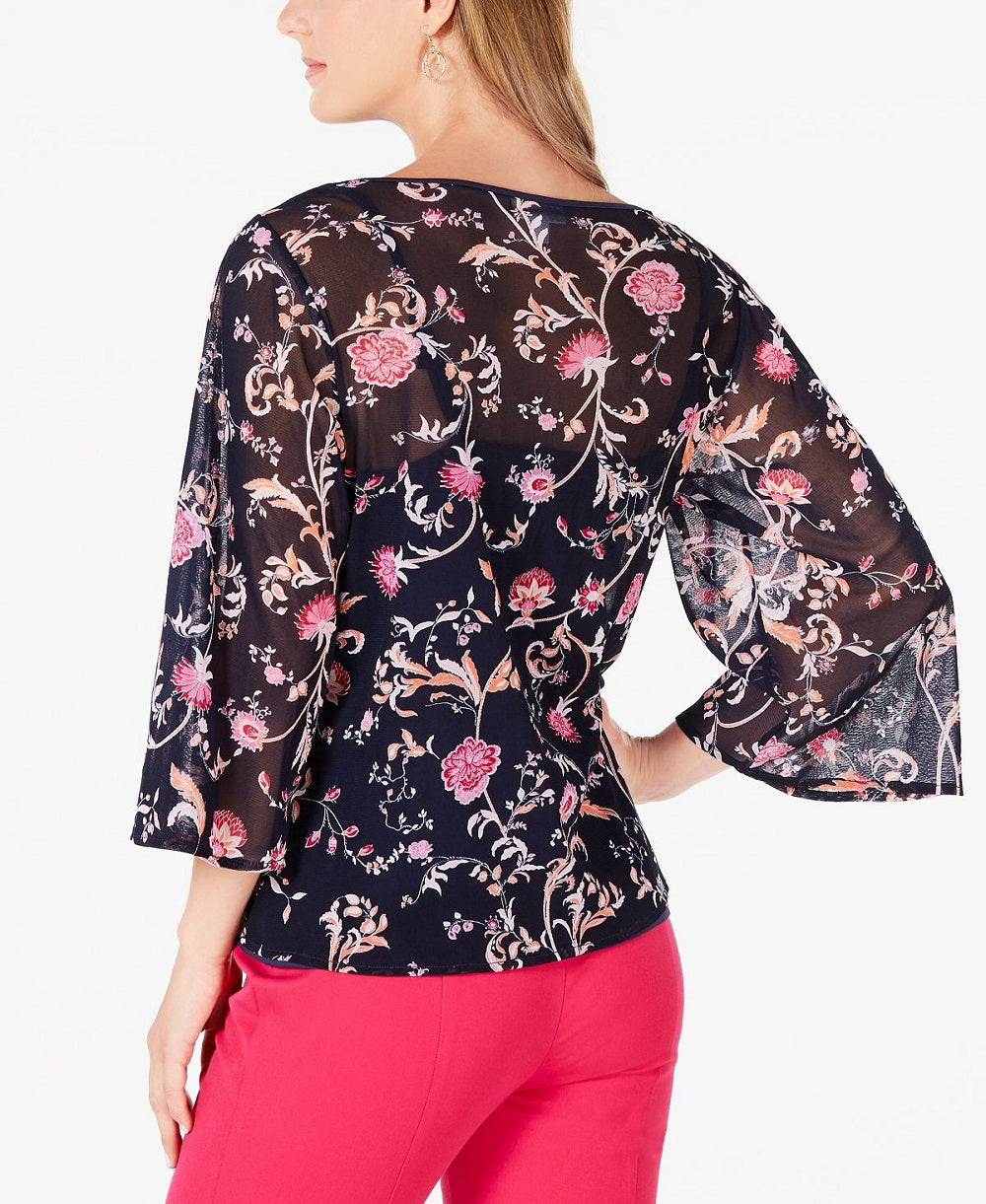 Charter Club Blusa feminina estampada com manga sino, azul, tamanho pequeno