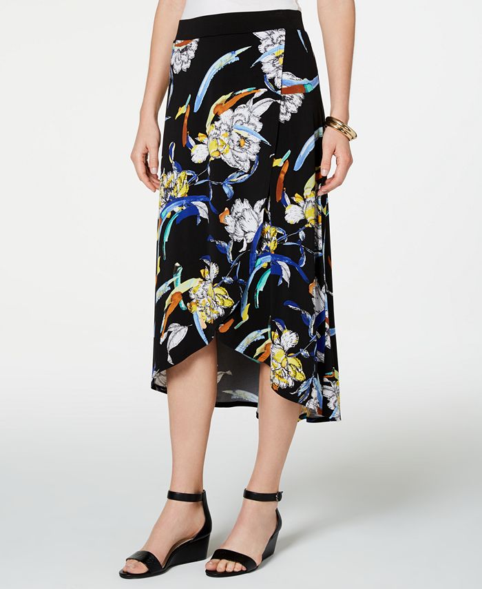 Saia longa feminina estampada com efeito envelope falso JM Collection, preta, tamanho médio