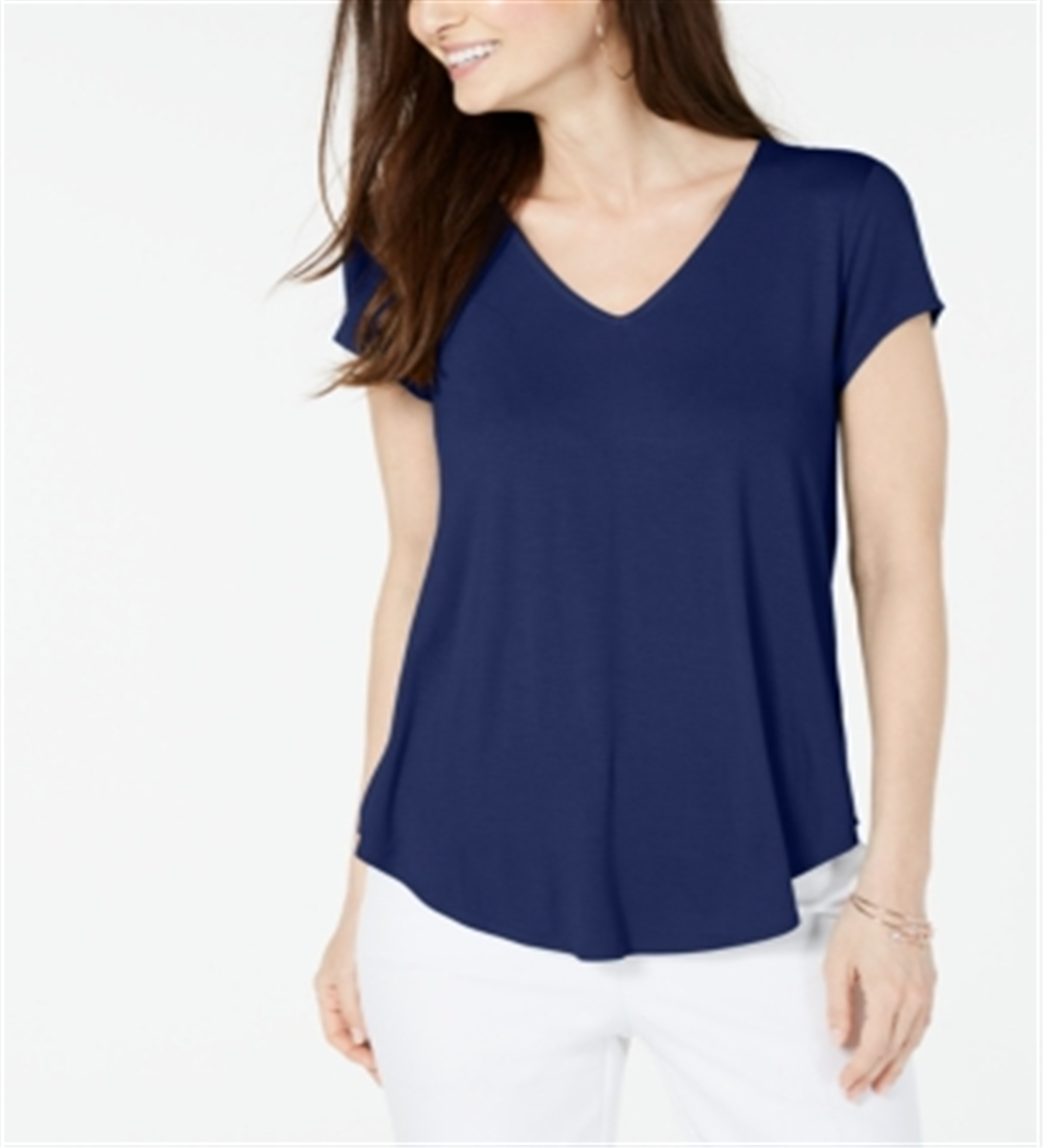 Blusa feminina Alfani de manga curta com decote em V, azul, tamanho pequeno