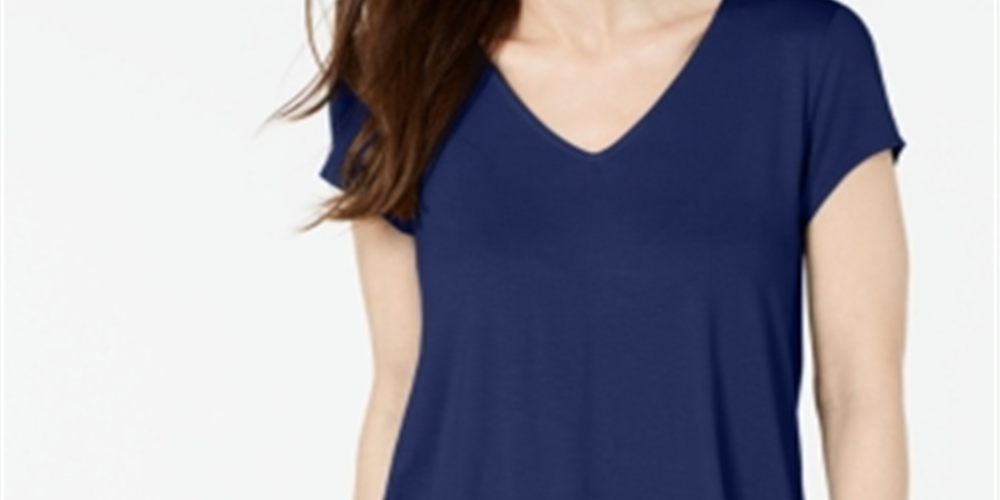 Blusa feminina Alfani de manga curta com decote em V, azul, tamanho pequeno