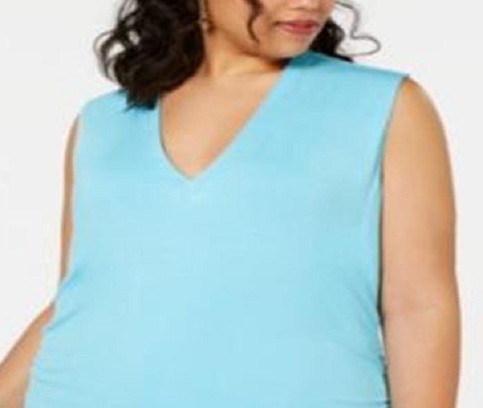 INC International Concepts Regata feminina plus size com decote em V franzido, azul, tamanho 1X