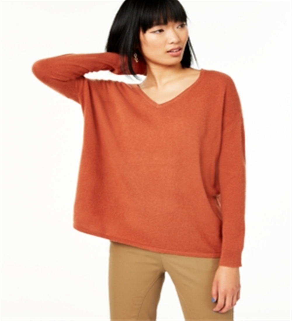 Suéter feminino de cashmere puro com decote em V Charter Club, marrom, tamanho XS