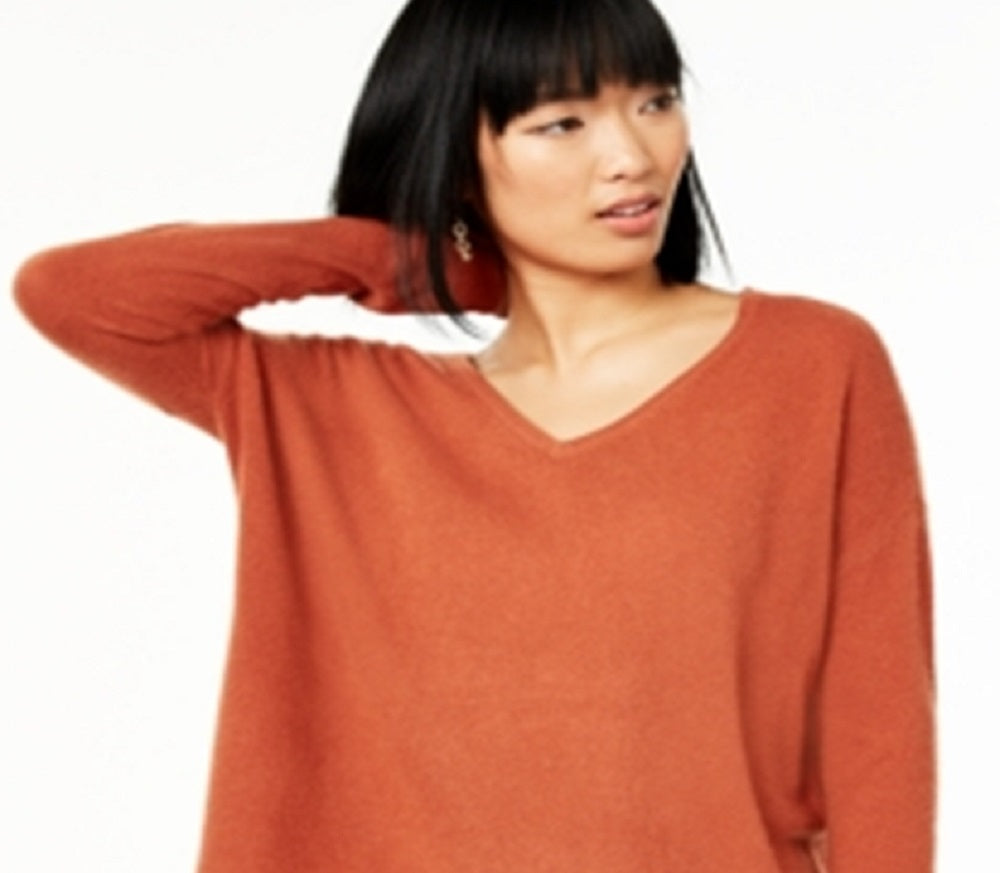 Suéter feminino de cashmere puro com decote em V Charter Club, marrom, tamanho XS