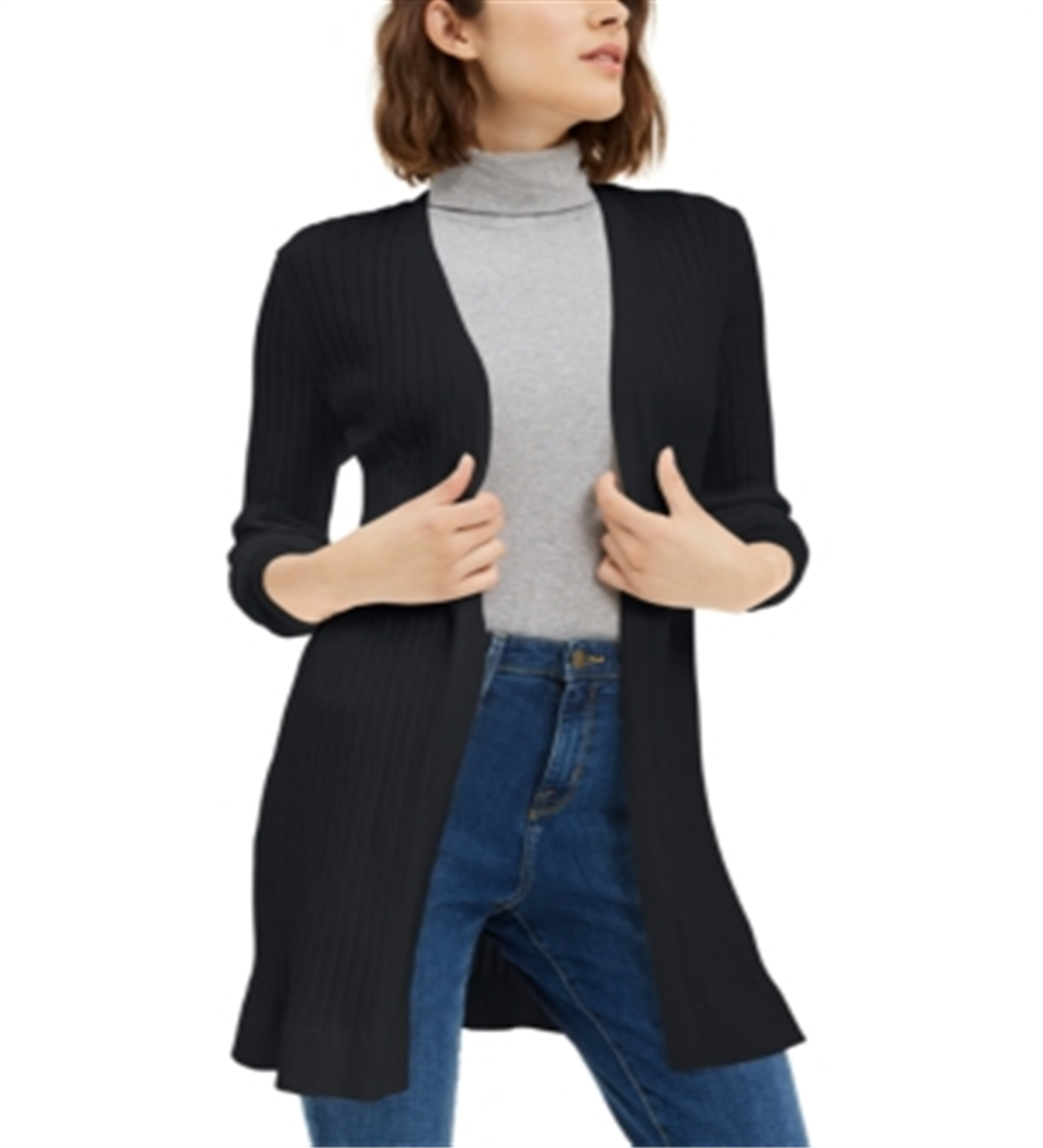 Cardigan feminino canelado aberto Maison Jules, preto, tamanho grande