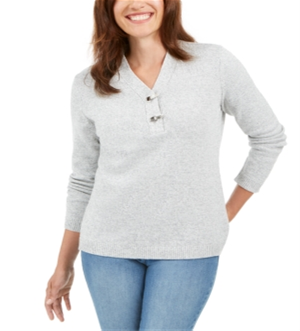 Karen Scott Suéter Henley de Algodão Marmorizado Feminino Cinza Tamanho X-G