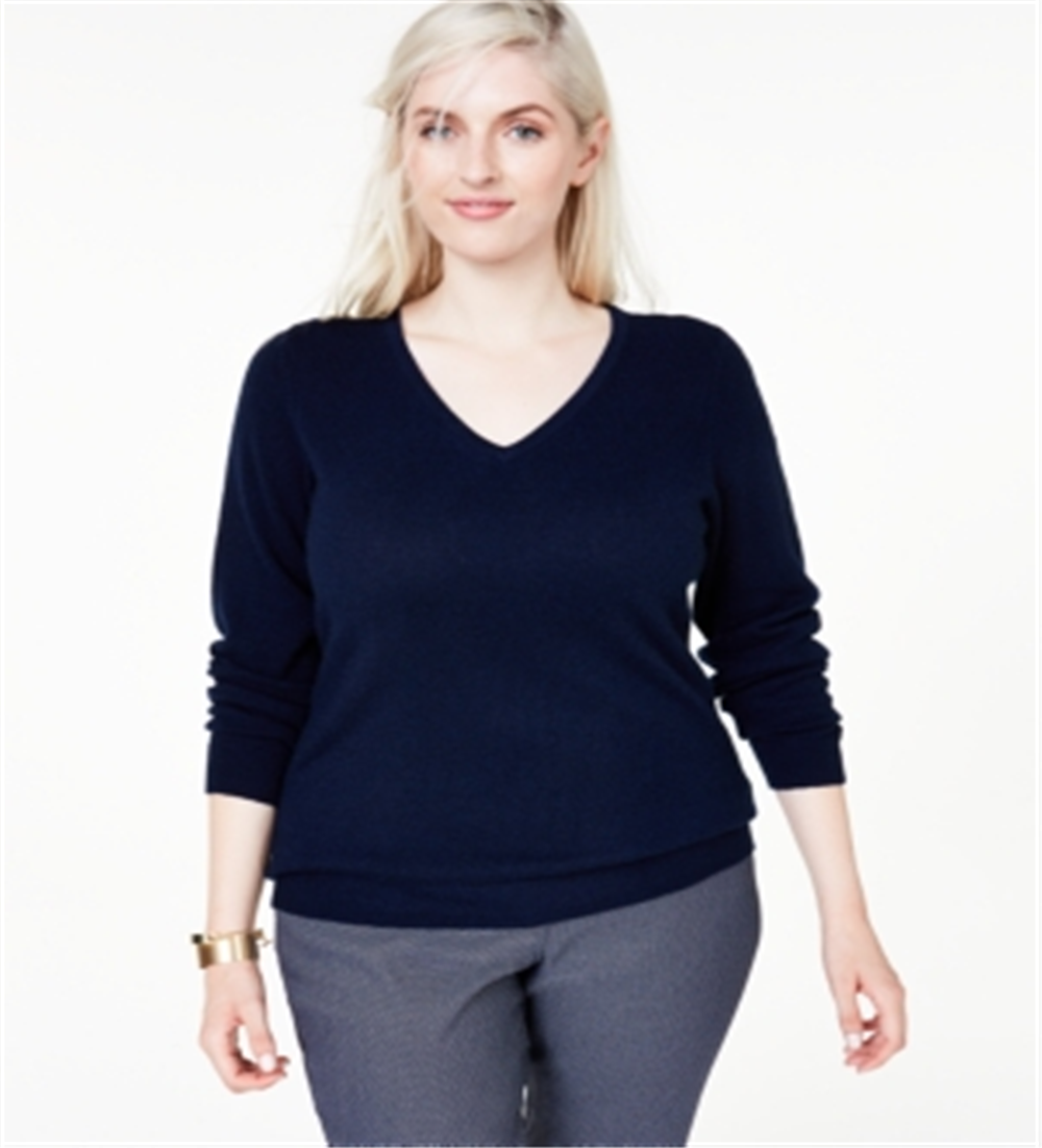 Suéter de cashmere feminino Charter Club Plus com decote em V, azul, tamanho 3X