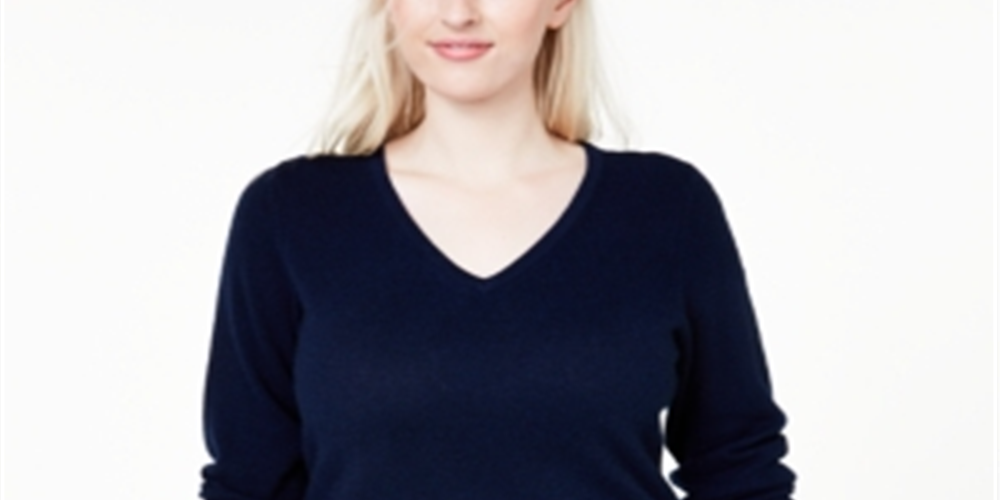 Suéter de cashmere feminino Charter Club Plus com decote em V, azul, tamanho 3X