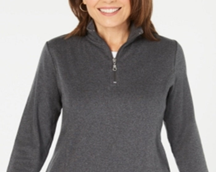 Blusa feminina Karen Scott de algodão com meio zíper e gola simulada, cinza, tamanho médio