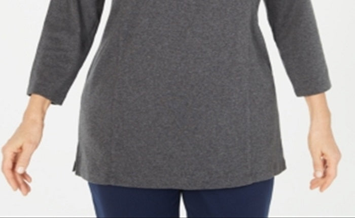 Blusa feminina Karen Scott de algodão com meio zíper e gola simulada, cinza, tamanho médio