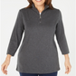 Blusa feminina Karen Scott de algodão com meio zíper e gola simulada, cinza, tamanho médio