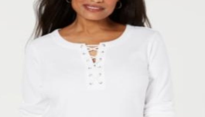 Karen Scott Top de algodão com cadarço feminino, branco, tamanho X-S