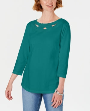 Karen Scott Blusa Feminina Peacock Teal Manga 3/4 Recortada Tamanho P